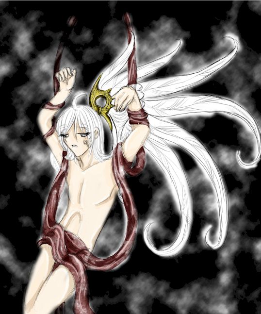 Azriel, waiting to be judged. This is before his fall from heaven, before he lost his right wing, however, Purgatory is the place where all time slumbers at once, so it reflects in Azriel's body all events that take place during his existence.  All you can really do in Puragotry is think about what you've done and fear what punishment will come to you when you are finally judged.  So understandably, Azriel looks a smidge depressed.